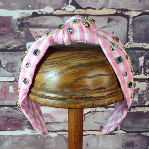 Gingham Knotted Headband w/Crystal Accents